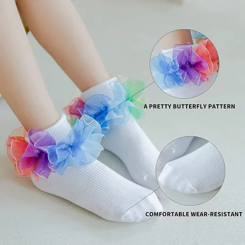 Miniatura 4 de Toddler Girls Socks with Rainbow Lace Ruffle Trim Cotton Baby Socks Frilly Dress Socks for Little Girls