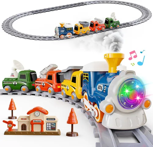 Hot Bee Juego de tren para niños pequeños con vapor - Tren Choo Choo con luz y sonido, juego de tren eléctrico para niños de 2 a 4, juguetes de tren