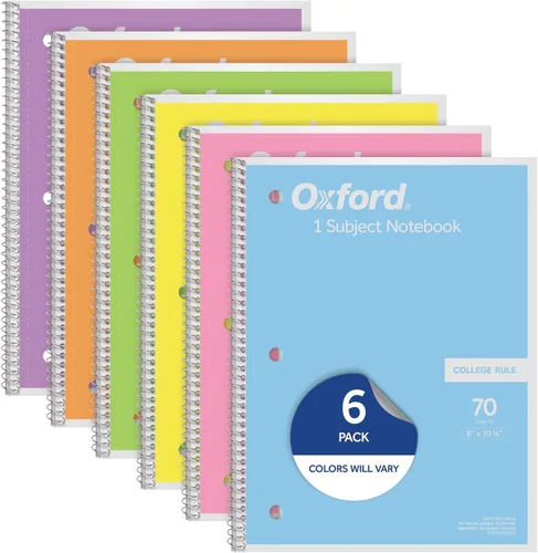 Oxford Cuaderno de espiral, 1 materia, papel rayado universitario, 8 x 10-1/2 pulgadas, rosa pastel, naranja, amarillo, verde, azul y morado, 70