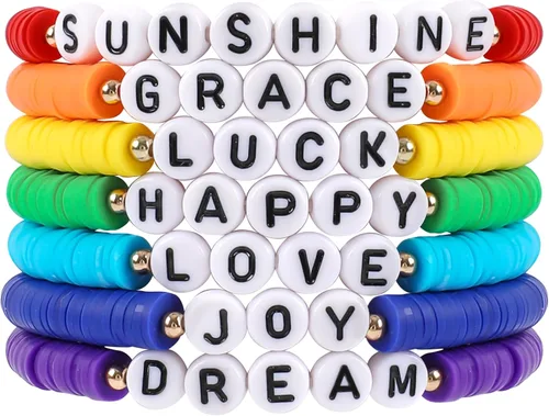 Miniatura 13 de Juego de pulseras heishi arcoíris estilo surfista para mujer, juego de pulseras apilables de cuentas de arcilla, pulseras elásticas con disco
