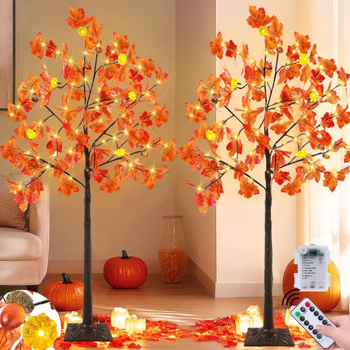 Miniatura 7 de Control remoto y temporizador, decoración de otoño, paquete de 2 unidades, árbol de arce artificial preiluminado de otoño de 4 pies para el hogar