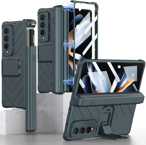 Miniatura 10 de Miimall Funda compatible con Samsung Galaxy Z Fold 4 con soporte para bolígrafo, protector de pantalla de vidrio templado integrado + función atril