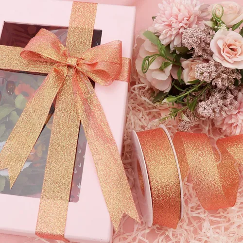 Miniatura 6 de Cinta de champán con purpurina de 1 pulgada, cinta para envolver regalos, fiestas de vacaciones, decoraciones de boda, cinta de tela de 25 yardas