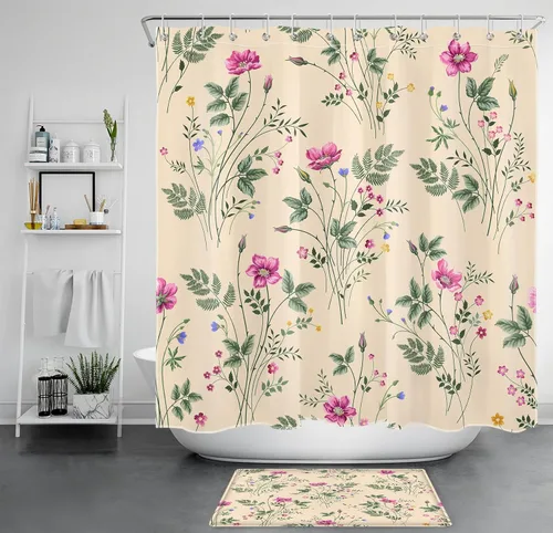 Miniatura 10 de Cortina de ducha floral rosa para baño, flores silvestres y hojas verdes salvia sobre beige, cortinas de ducha con ganchos, juego de cortinas