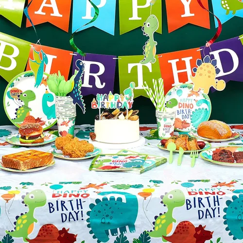 Miniatura 6 de Tessco - 193 piezas de suministros para fiesta de cumpleaños de dinosaurios, incluye platos, tazas, servilletas, pancartas, cuchillos, tenedor