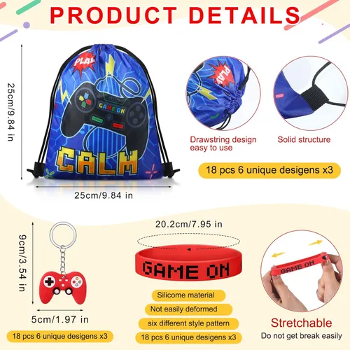 Miniatura 3 de Sadnyy 140 piezas de regalos de fiesta de videojuegos, decoraciones de cumpleaños, bolsas con cordón con pulseras de silicona, llaveros, pajitas
