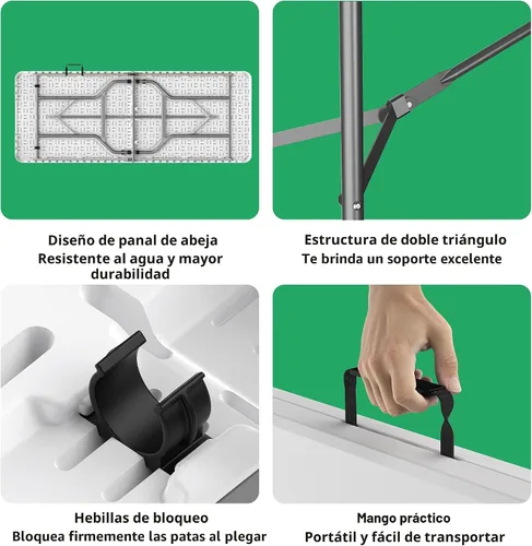Miniatura 6 de Allpop Mesa plegable de 6 pies para interior y exterior, mesa de comedor de plástico portátil plegable por la mitad con asa de transporte para Blanco