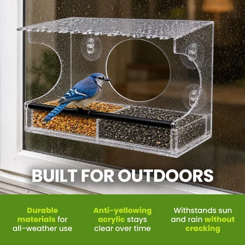Miniatura 7 de Comedero de ventana para pájaros – Modelo 2018 - Tejado extendid o – Perca de acero – Con alimentación deslizante de acero para desagües de agua