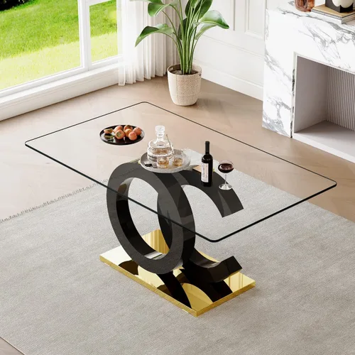 Miniatura 7 de gopop Mesa de comedor de cristal de 63 pulgadas, mesa de cocina moderna, mesa de comedor de vidrio transparente con patas de diseño único negro