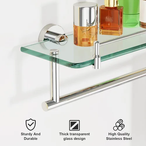 Miniatura 4 de Estante de baño flotante de vidrio templado de 20 pulgadas con toallero, cromado pulido y acero inoxidable, montaje en pared Cromo Pulido