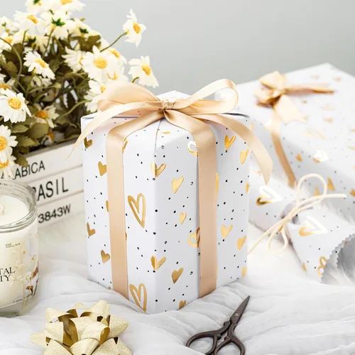 Miniatura 3 de Homeral Rollo de Papel de Regalo Kraft con Corazones - Diseño de Lámina Dorada en Relieve 3D, Envoltura de Regalo de Lujo para el Día de San Corazón