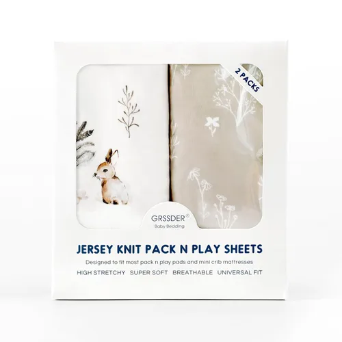 Miniatura 4 de GRSSDER Juego de 2 sábanas ajustadas de punto de jersey ultra suaves y elásticas para Pack n Play, sábanas para cuna portátil/mini para niños