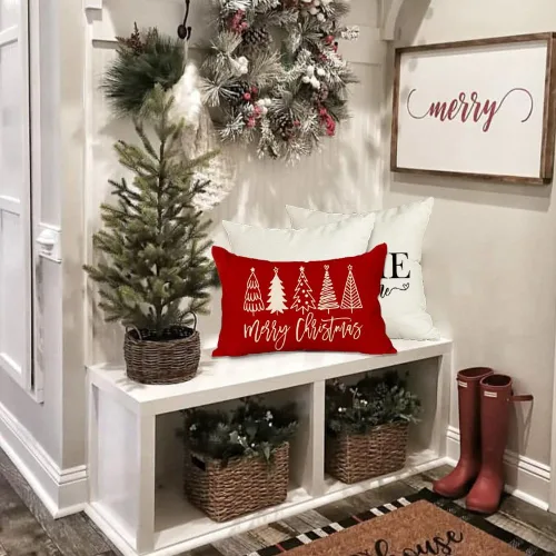 Miniatura 5 de RABUSOFA Fundas de almohada de Navidad de 12 x 20 pulgadas, almohadas decorativas de árbol de Navidad, fundas de cojín rojas de Navidad para Rojo