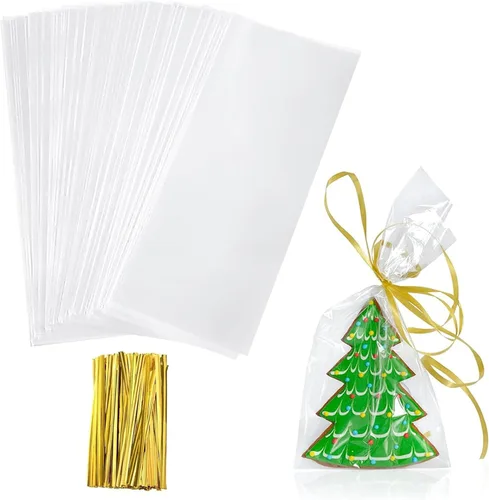 Yotelab Bolsas de celofán, bolsas de celofán transparente de 4 x 9 pulgadas con lazos giratorios, 100 unidades