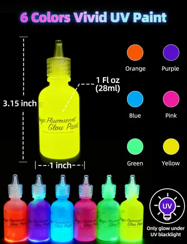 Miniatura 6 de 6 botellas, 28.3 g Pintura UV para el cuerpo brillante con luz negra fluorescente, segura para la piel, lavable, no tóxica, kit de seis