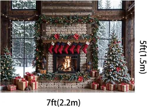 Miniatura 3 de Kate Telones de fondo de Feliz Navidad de 7x5 pies para fotografía, fondo de árboles de Navidad, calcetines de Santa, fondo de chimenea de ladrillo