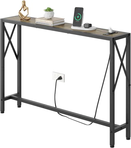 Miniatura 15 de Gewudraw Mesa consola de 41.7 pulgadas con tomacorriente, mesa estrecha detrás del sofá, diseño industrial delgado para pasillo, entrada, sala