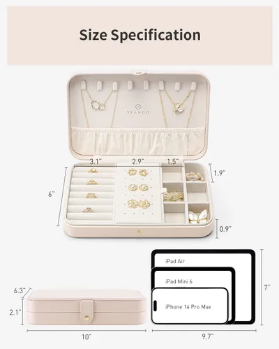 Miniatura 4 de Vlando Joyero de viaje para mujer, organizador de joyas de cuero portátil, para collares, aretes, anillos, pulseras, tamaño pequeño, regalos