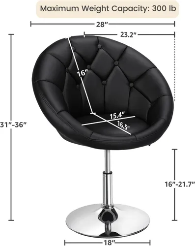 Miniatura 3 de Yaheetech Silla contemporánea con respaldo tapizado redondo, altura ajustable, giratoria, moderna, para tocador, negra
