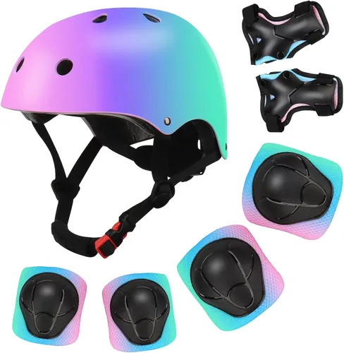 Miniatura 12 de Casco de bicicleta ajustable con gradiente de color para niños con set de rodilleras y coderas Equipo de seguridad multideporte para niños y niñas