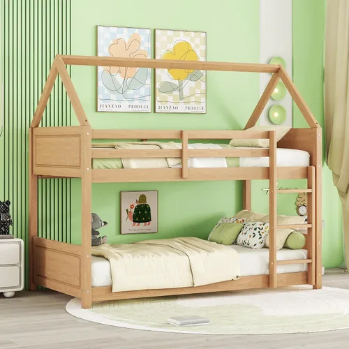 Miniatura 18 de JIVOIT Litera de madera con diseño de techo y ventanas, litera individual sobre individual con nido y escalera integrada para niños, adolescentes