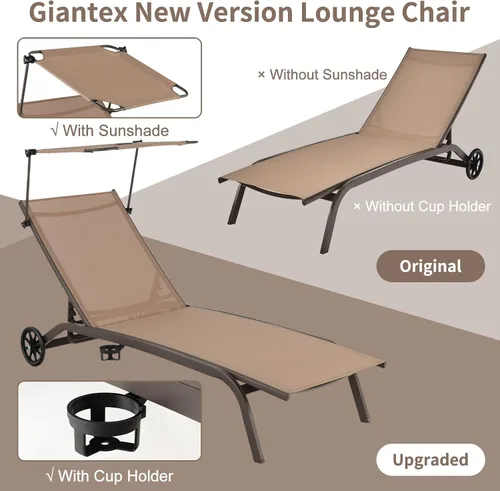 Miniatura 5 de Giantex Tumbona para exteriores, silla de bronceado con sombrilla y ruedas lisas, posición ajustable de 6 niveles, soporte para tazas, marco