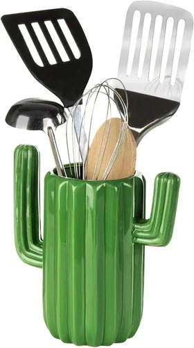 MyGift Soporte de cerámica para utensilios de cactus, vajilla verde del suroeste, organizador de cocina duradero para cucharas, pinceles, desierto y