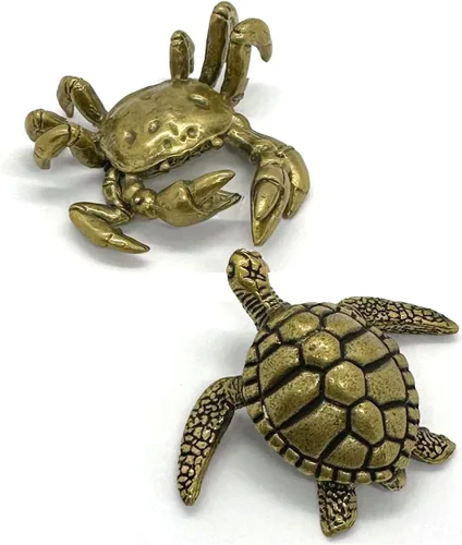 Juego de 2 mini esculturas de tortuga y cangrejo: juego de figuras de latón antiguo, decoración de estantería zen hecha a mano | Estatua de