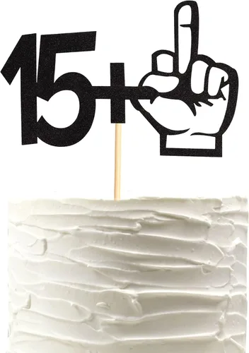 Decoración para tartas con purpurina negra con dedo medio 15+1, decoraciones para fiesta de cumpleaños de 16 años, suministros divertidos para