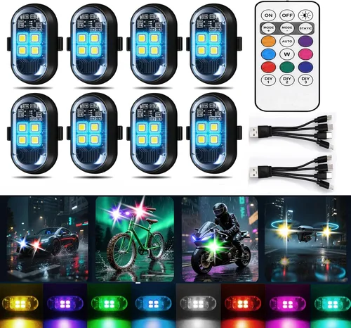 Miniatura 8 de Luces Estroboscópicas de Advertencia LED Inalámbricas Mejoradas de 4 Lámparas de Alta Luminosidad de 4 Grupos 8 Colores, Luces Impermeables