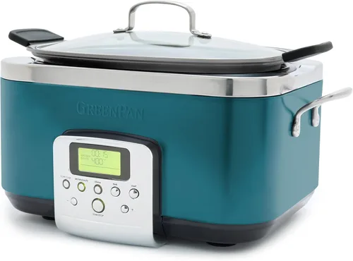 GreenPan - Olla eléctrica programable Elite de cocción lenta 8 en 1, 6 cuartos de galón, tapa y recipiente extraíbles, sin PFAS, cerámica Verde