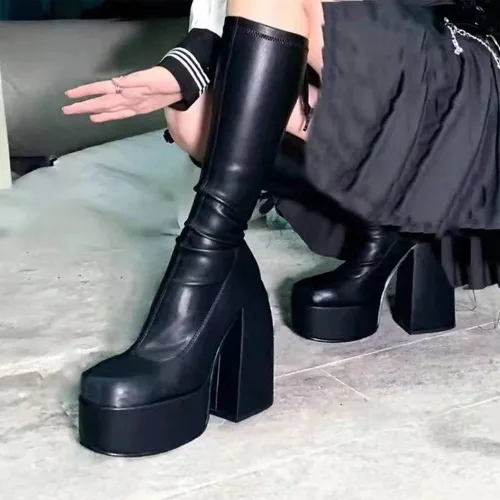 Miniatura 7 de Botas altas hasta la rodilla para mujer, tacón alto, punta redonda, cremallera lateral, estilo punk, botas de combate para mujer