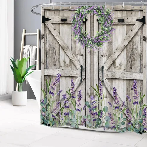 Miniatura 2 de Cortina de ducha con puerta de granero occidental para baño, lavanda púrpura y verde corona de eucalipto en tableros de madera rústica, cortina
