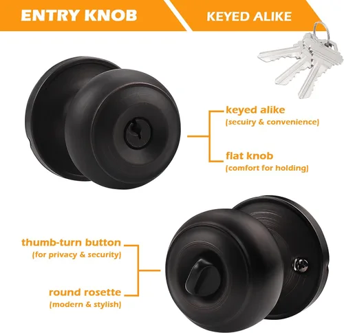 Miniatura 5 de Gobrico Juego de cerradura redonda de 3 llaves iguales para puerta de entrada, bronce aceitado Bronce frotado con aceite