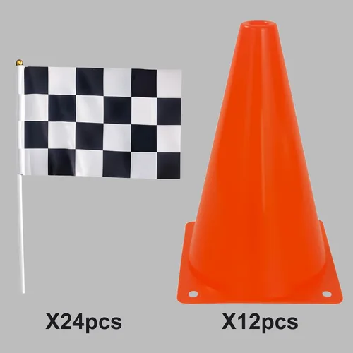 Miniatura 2 de Decoración de fiesta de cumpleaños de coche de carreras: 12 conos naranjas (7 pulgadas, agujeros en la parte superior) y 24 banderas. Adecuado