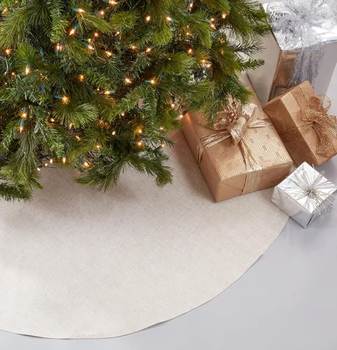 Miniatura 5 de SARO LIFESTYLE Falda de lino para árbol de Navidad – Colección Toscana – Natural con ribetes dorados – Decoración clásica de granja navideña, 56