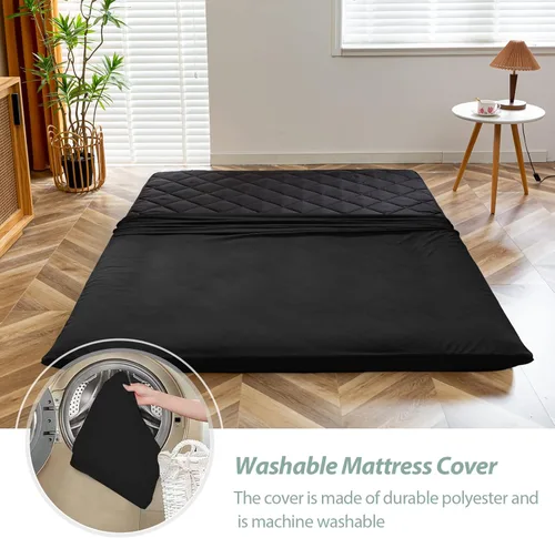 Miniatura 4 de MAXYOYO Colchón Futón de Suelo Japonés Tamaño King, Cama de Suelo para Adultos, Colchón Enrollable Plegable, Cama Futón Japonesa con Patrón de Negro