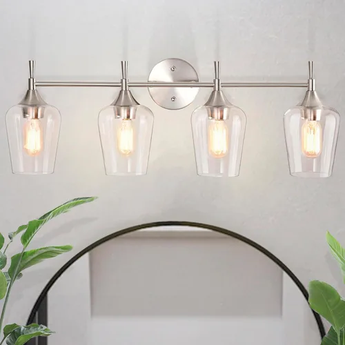 Edvivi Lámpara de tocador de baño de 4 luces, níquel cepillado moderno con pantalla de vidrio transparente, lámpara de pared para espejos, cepillado