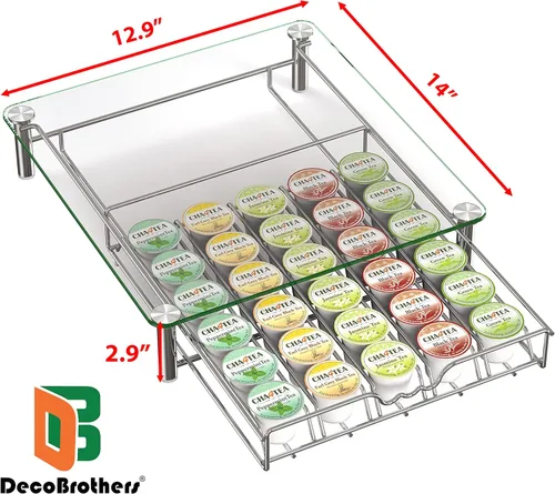 Miniatura 2 de Deco Brothers - Cajón de almacenamiento de cápsulas de café K-Cup de vidrio templado de cristal para 30 cápsulas, cromado Cromo con tapa de cristal