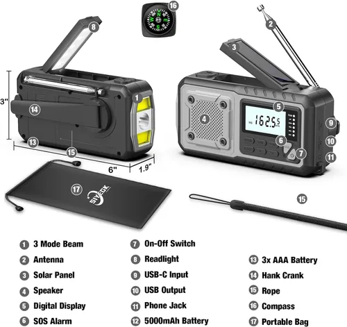 Miniatura 3 de Radio de emergencia meteorológica 5000mAh con manivela solar, gadgets geniales para hombres, papá, esposo, radios meteorológicas portátiles NOAA AM