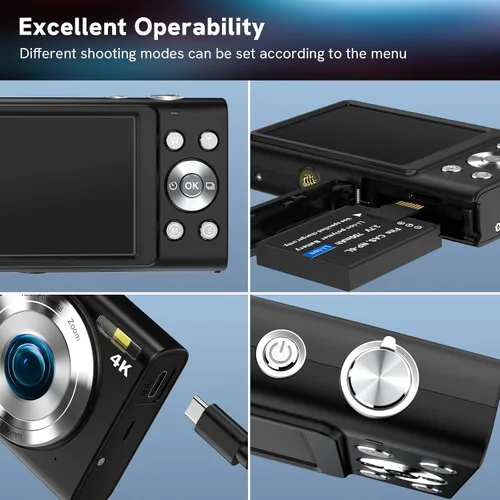 Miniatura 4 de Cámara digital 4K, enfoque automático, 48 MP, cámara de vlogging HD 16X, cámara digital con zoom digital YouTube, portátil, mini cámara compacta