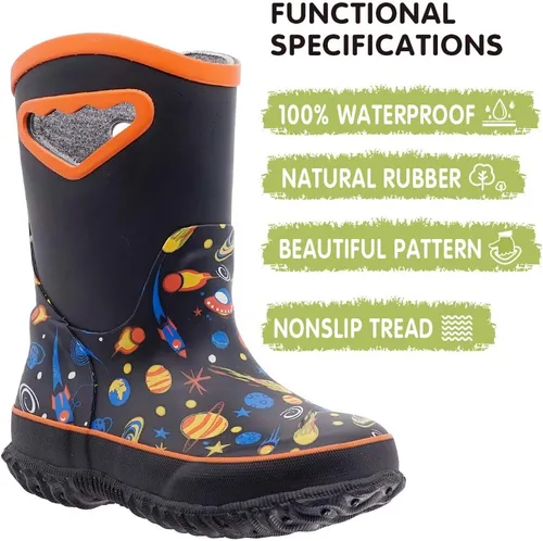 Miniatura 2 de MCIKCC Botas de lluvia para niños, impermeables, de neopreno, de goma de barro, antideslizantes, con asas fáciles de poner, para niños y jóvenes