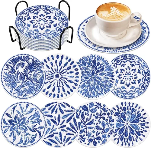 YLOLUL Juego de 8 posavasos de diamante con soporte, posavasos de diamante de acuarela azul para principiantes, adultos y niños, suministros de
