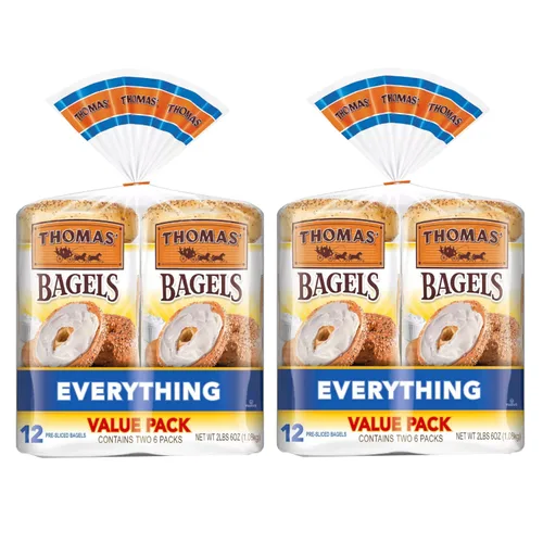 Thomas' Everything Soft and Chewy - 24 bagels precortados, paquete económico, 2 bolsas (18 onzas/2 unidades, 12 unidades cada una), total 24 bagels