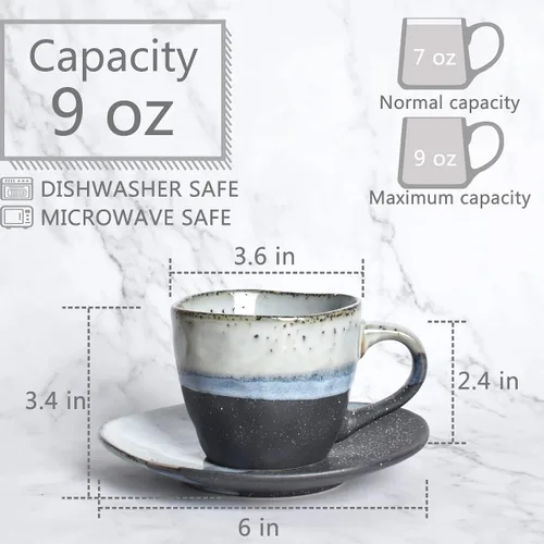 Miniatura 2 de Bosmarlin Juego de 2 tazas de café de gres con platillo para café con leche, capuchino, té, onzas, lavavajillas y microondas (negro, 2)