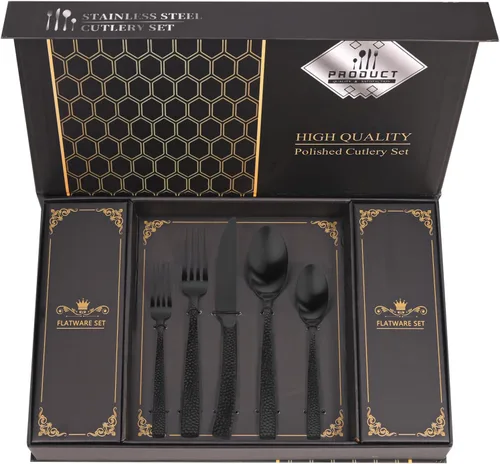Miniatura 9 de Juego Retro Royal Negro de Cubiertos MIKIWAY con Caja de Regalo, 20 Piezas de Servicio de Cubiertos de Acero Inoxidable para 4, Juego de Vajilla