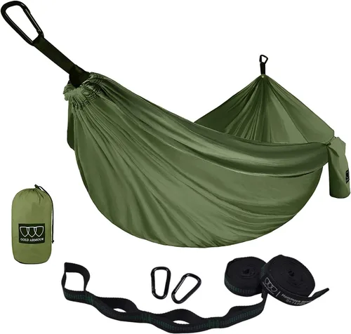 Miniatura 6 de Gold Armour hamaca de campamento, de tela de paracaídas, de marca estadounidense, tamaño único, 2 correas para árbol, 10 trabillas/20 pies Gris/Azul