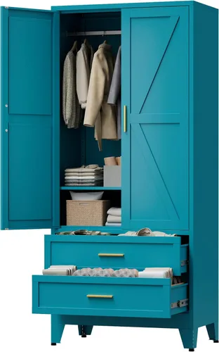 Miniatura 12 de LCAOPC Armario de metal de 71 pulgadas de alto con cajón y barra para colgar, armario de 2 puertas con estante para dormitorio, oficina, lavandería