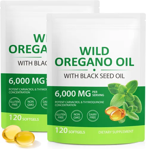 Cápsulas de aceite de orégano con aceite de semilla negra, 6000 mg de aceite de orégano y 200 mg de aceite de semilla negra por porción, apoyo