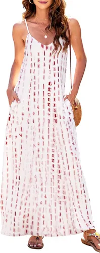 Miniatura 2 de Supnier - Vestido largo de verano para mujer, vestido flora, informal y bohemio con cuello en V, sin mangas, con tirantes delgados y bolsillos